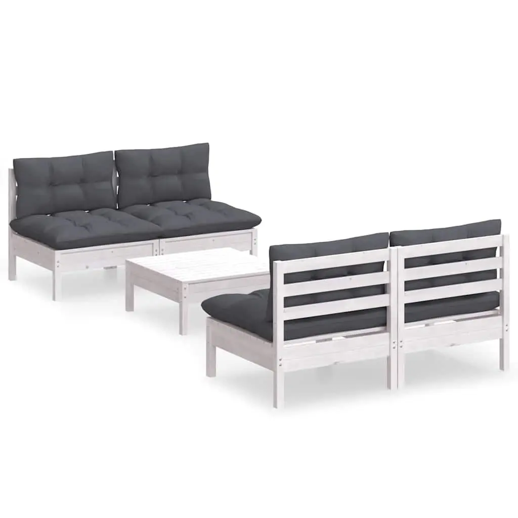 5 Piece Garden Lounge Set Solid Pinewood Outdoor Patio Furniture White with Cushions