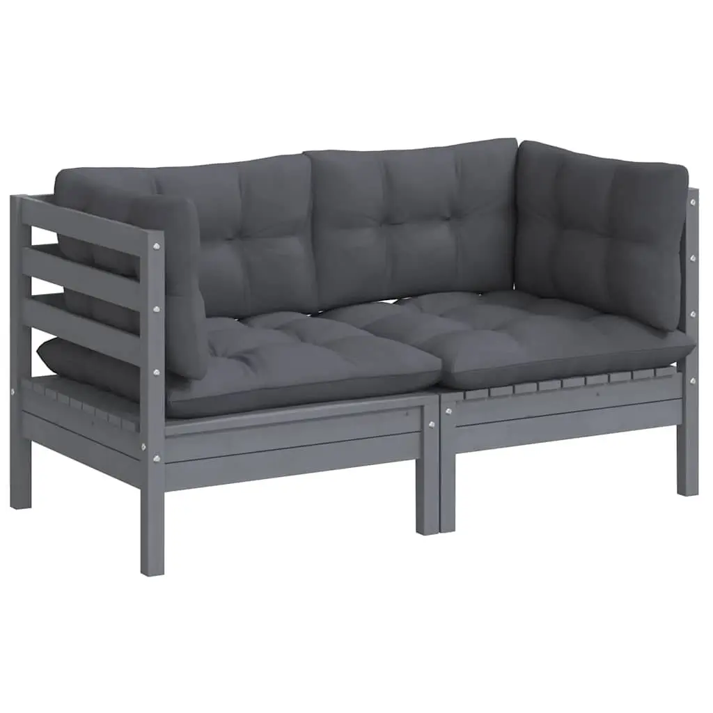 2-Seater Garden Sofa Outdoor Patio Seating Solid Pinewood with Grey Cushions