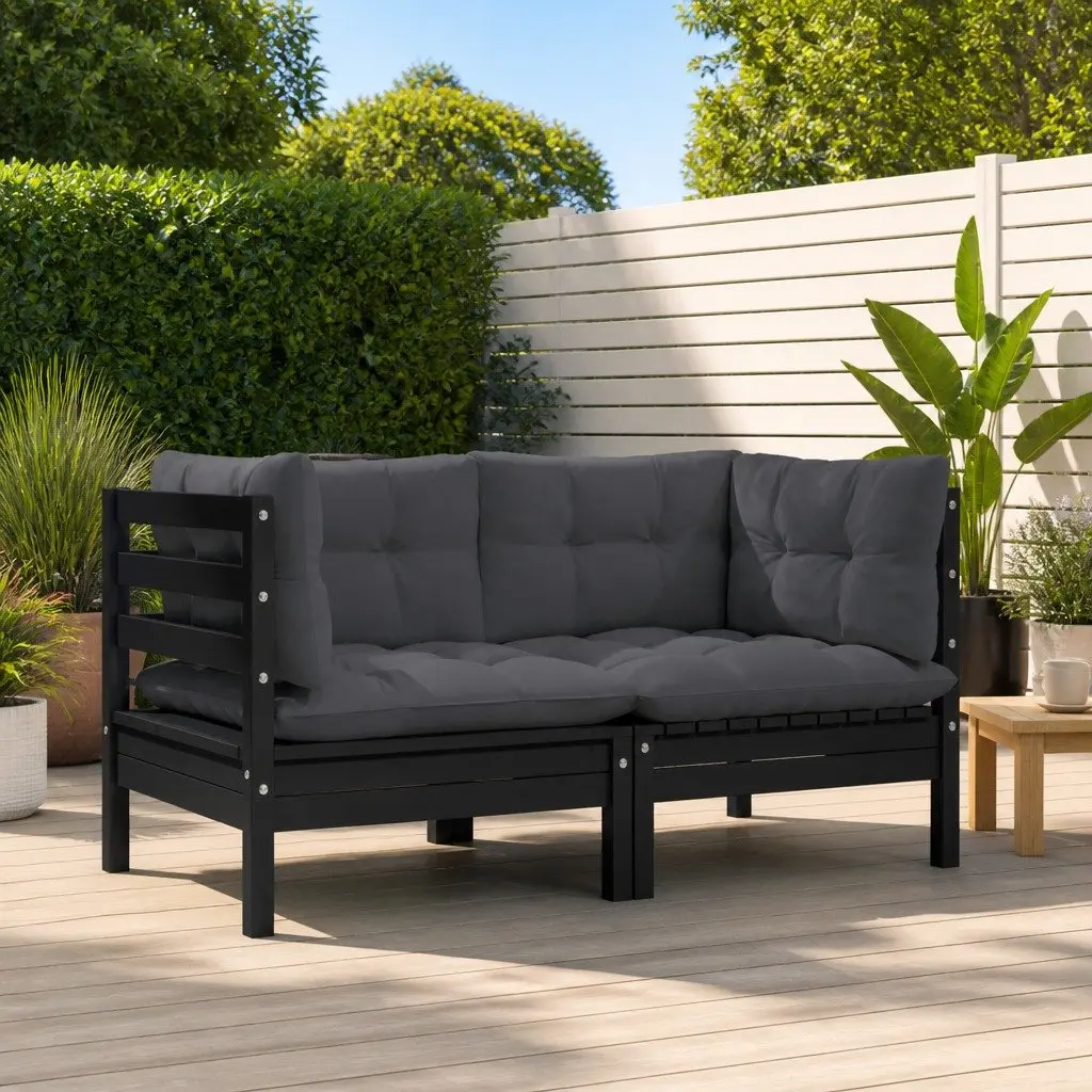 2-Seater Garden Sofa Solid Pinewood Modular Outdoor Patio Lounge Seat Black