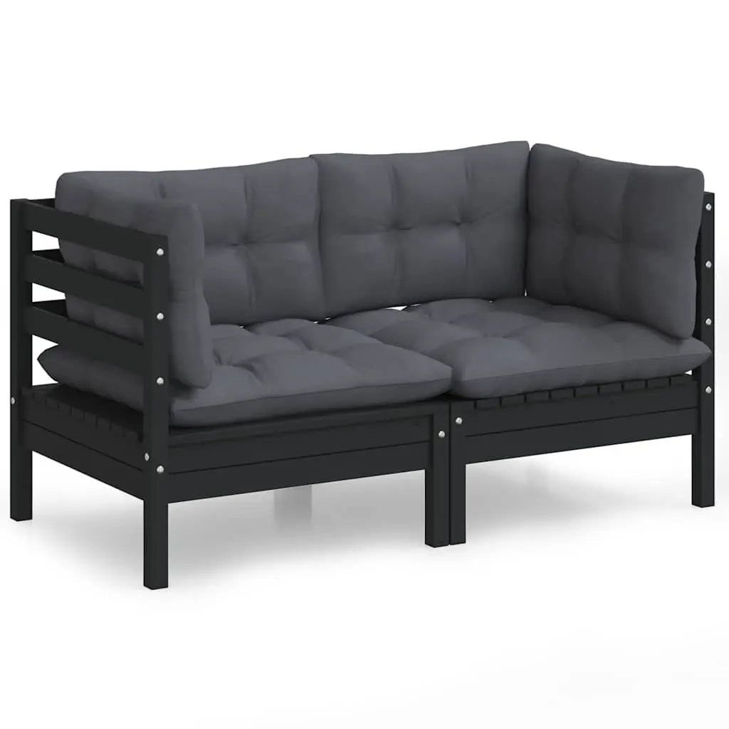 2-Seater Garden Sofa Solid Pinewood Modular Outdoor Patio Lounge Seat Black