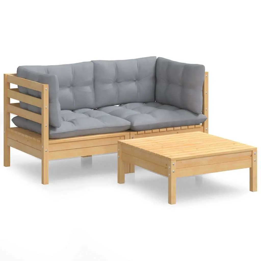 Garden Lounge Set Outdoor Furniture Pinewood 3 Piece Grey Cushions