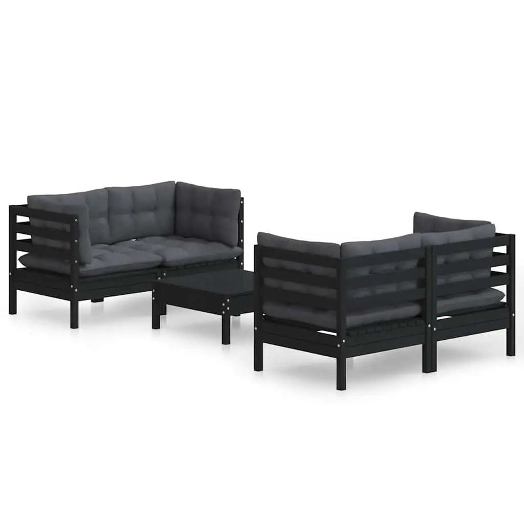 5 Piece Lounge Set Modular Pinewood Outdoor Patio Furniture Black with Cushions