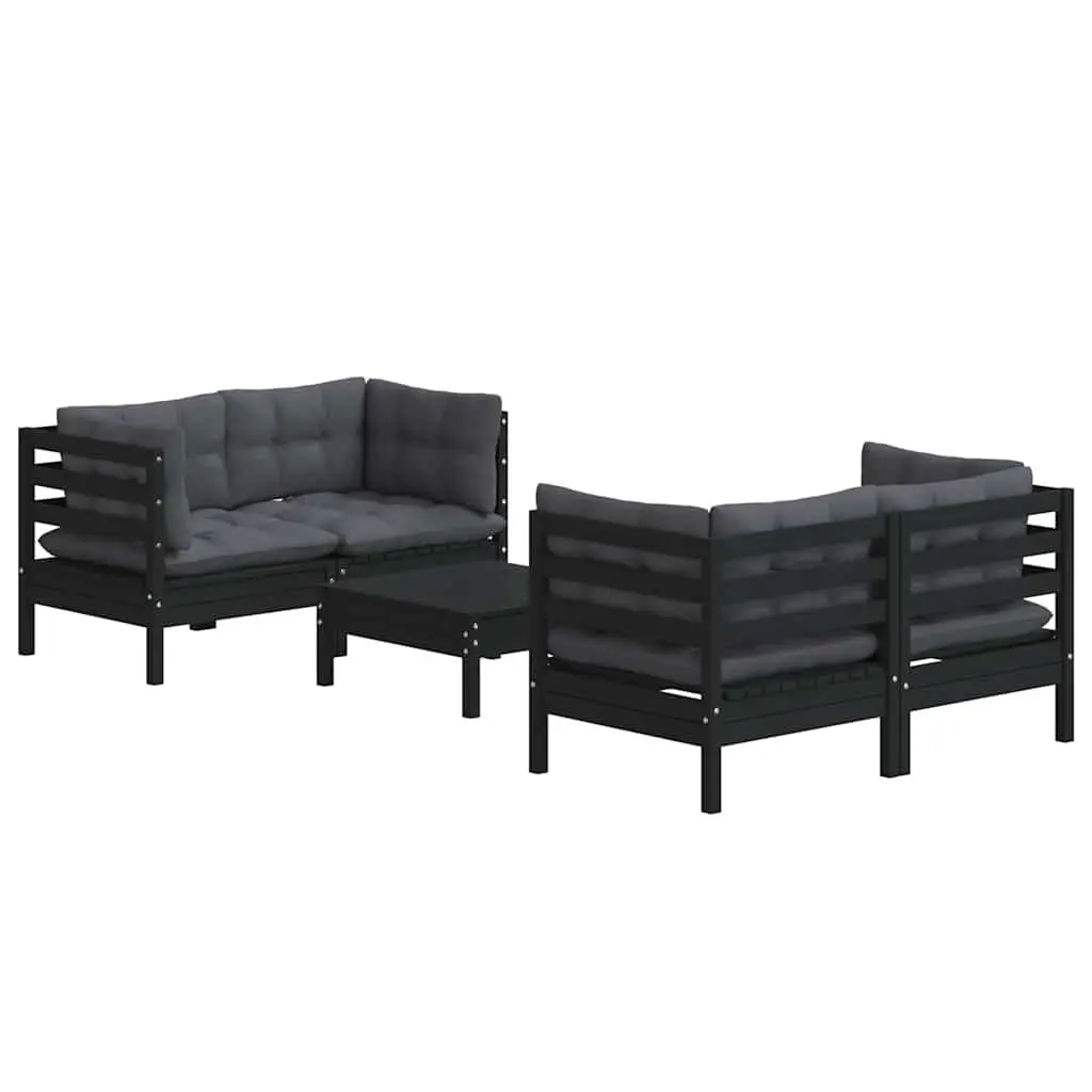 5 Piece Lounge Set Modular Pinewood Outdoor Patio Furniture Black with Cushions