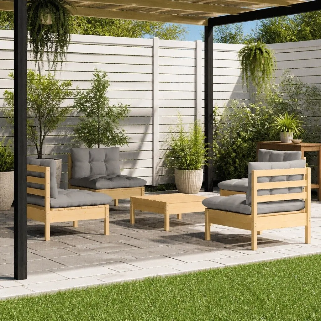 Garden Lounge Set 5 Piece Outdoor Patio Furniture Grey Cushions Pinewood