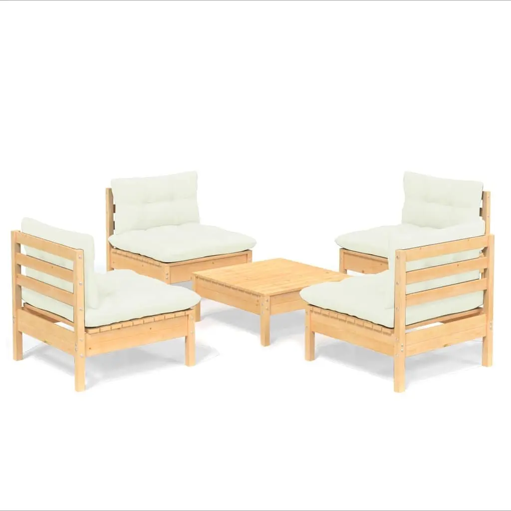 Garden Lounge Set Pinewood 5 Piece Outdoor Furniture Patio Seating Cream Cushions