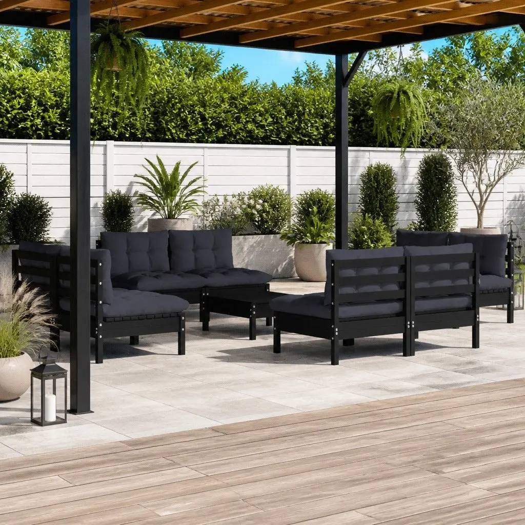 9PieceOutdoorFurnitureGardenLoungeSetPinewoodPatioSeatingModularDesignwithCushionsBlack