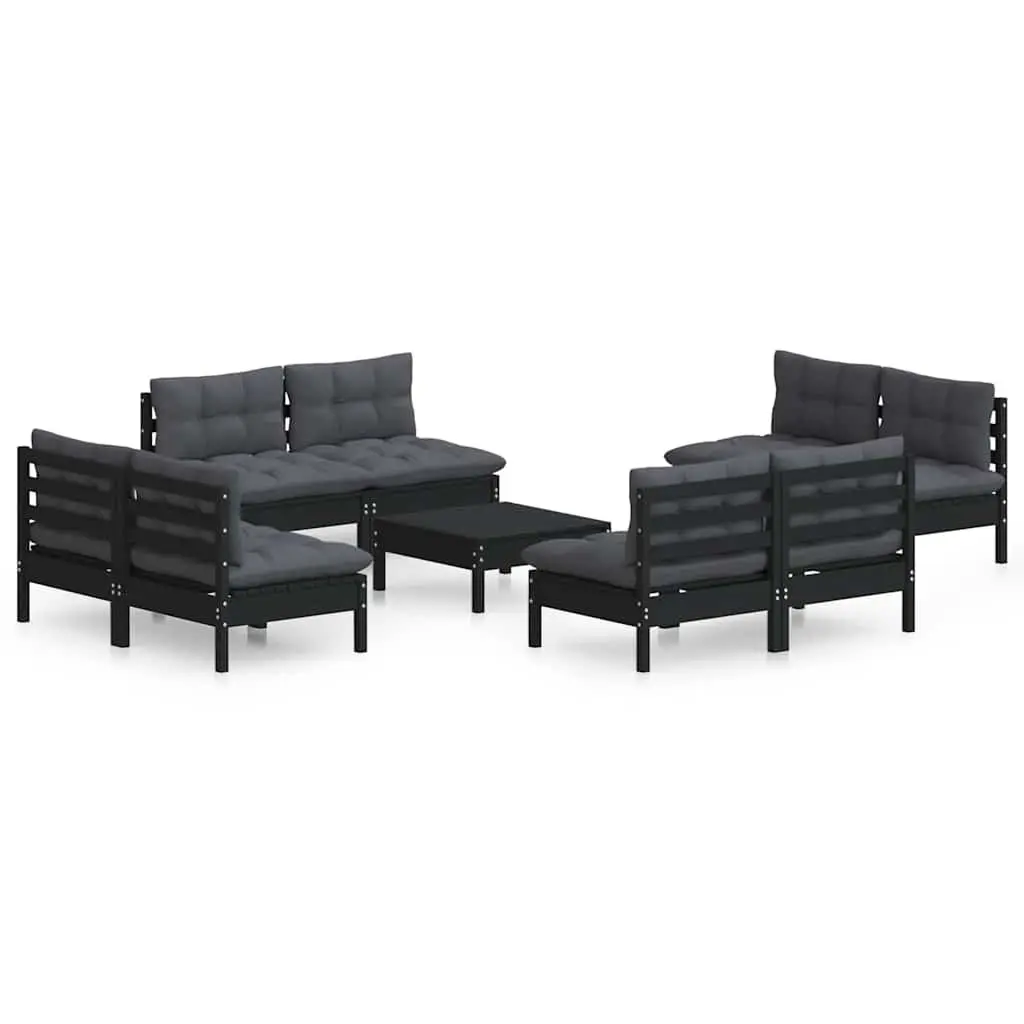 9PieceOutdoorFurnitureGardenLoungeSetPinewoodPatioSeatingModularDesignwithCushionsBlack