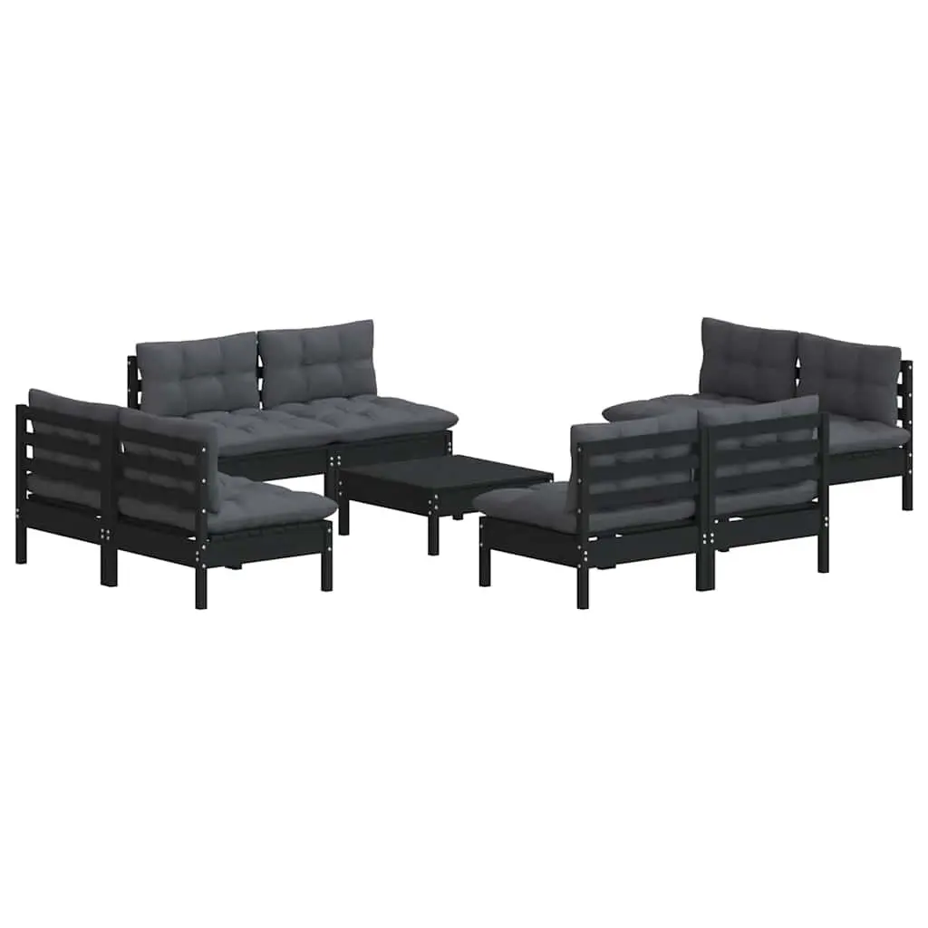 9PieceOutdoorFurnitureGardenLoungeSetPinewoodPatioSeatingModularDesignwithCushionsBlack