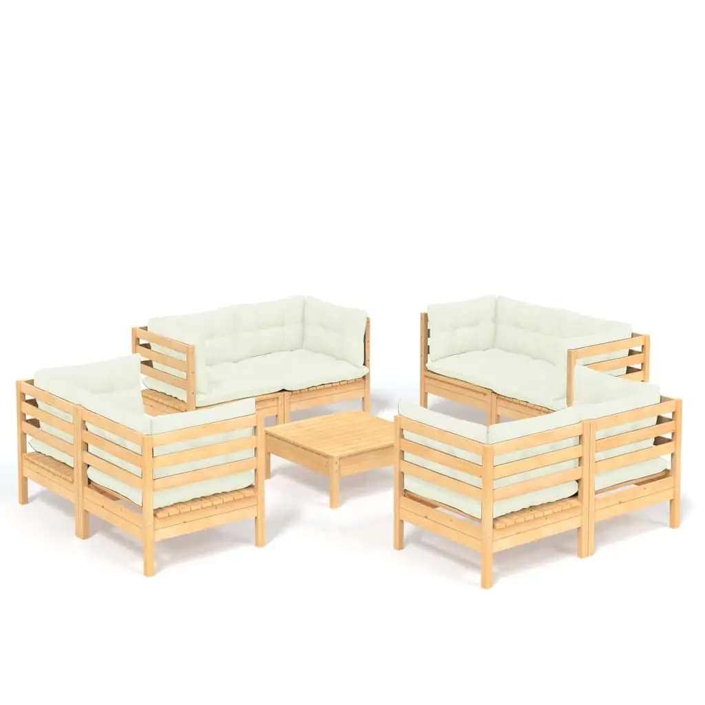 9PieceLoungeSetPinewoodCreamCushionsOutdoorGardenFurnitureModularDesign
