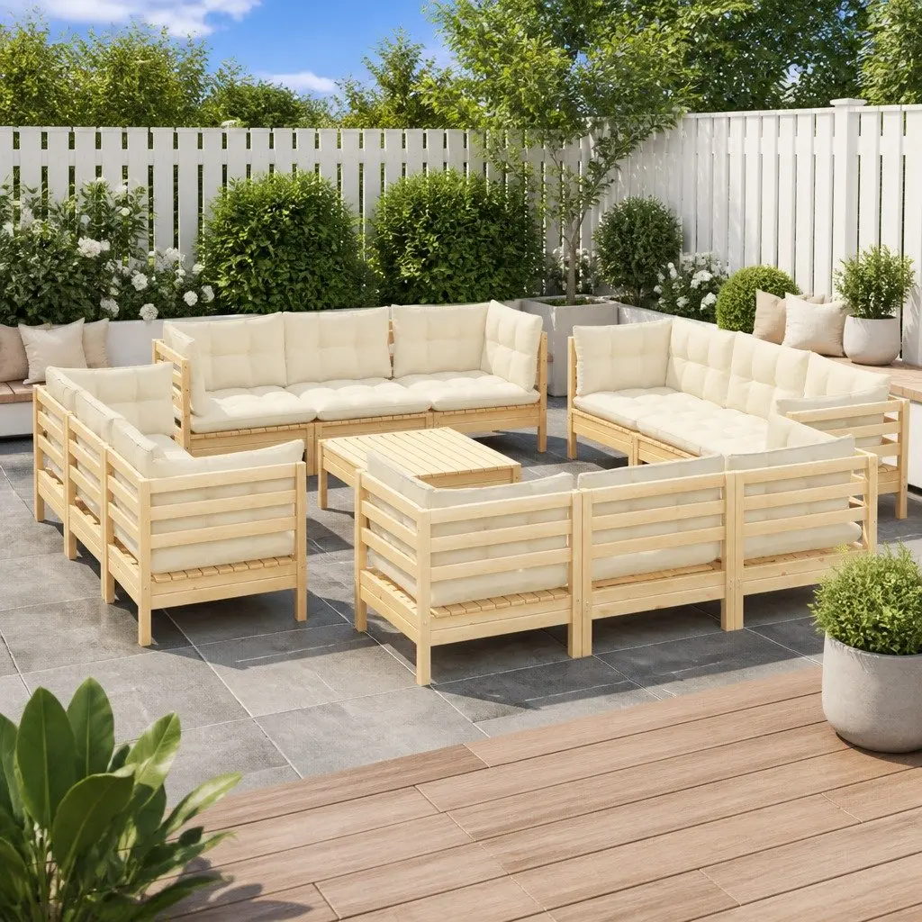 Lounge Set 13 Piece Modular Outdoor Furniture Pinewood with Cream Cushions