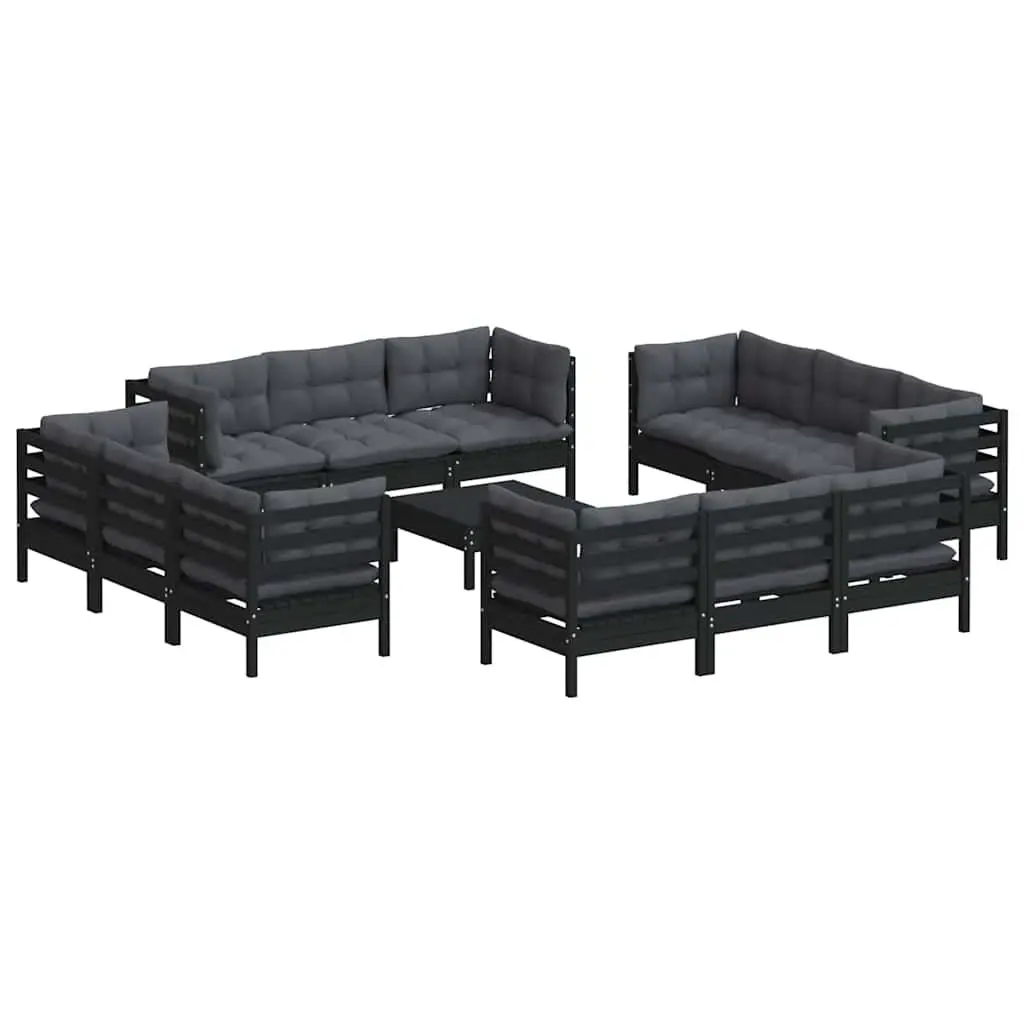 Garden Lounge Set 13 Piece Outdoor Patio Furniture Pinewood with Cushions Black