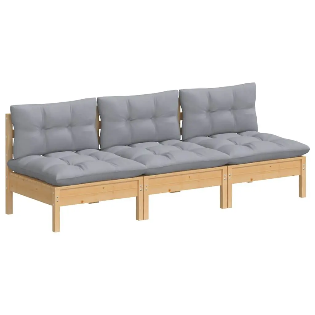 3SeaterGardenSofaSolidPinewoodPatioFurnitureWithGreyCushionsModularDesignOutdoor