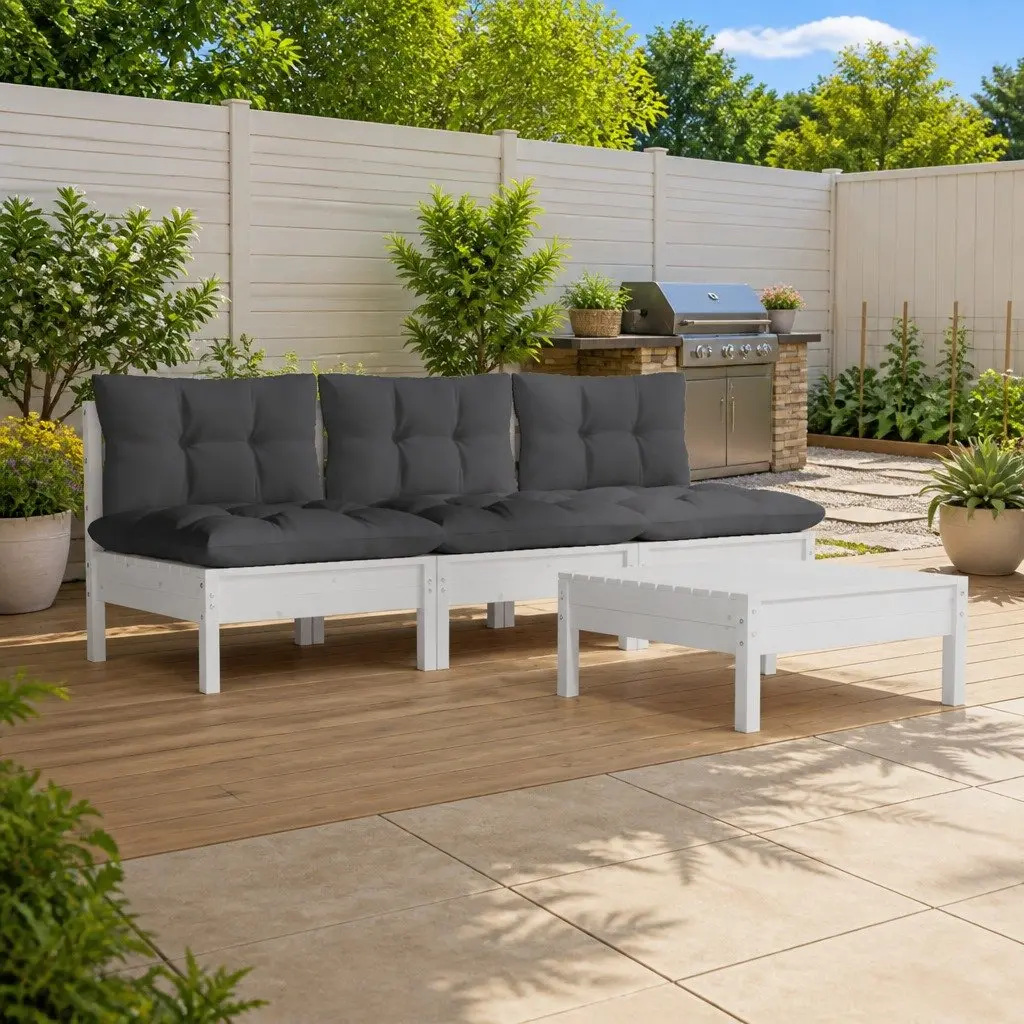 4 Piece Outdoor Modular Lounge Set White Pinewood Furniture with Cushions