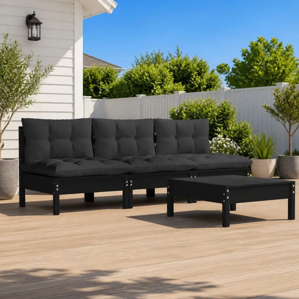 Garden Lounge Set Pinewood 4 Piece Black Outdoor Furniture with Cushions