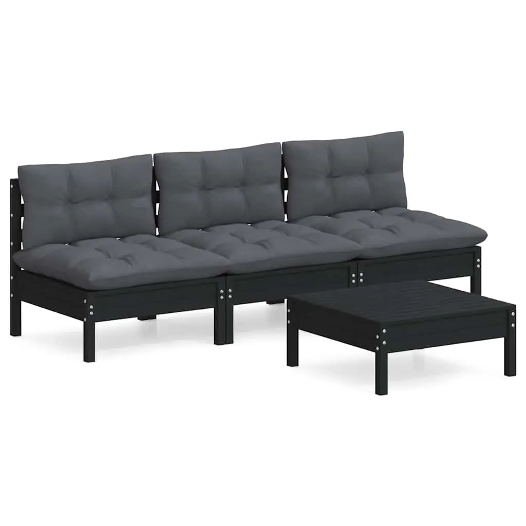 Garden Lounge Set Pinewood 4 Piece Black Outdoor Furniture with Cushions