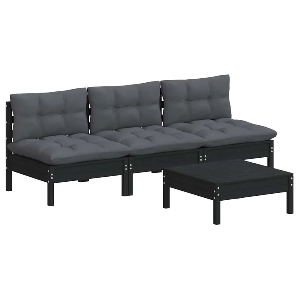 Garden Lounge Set Pinewood 4 Piece Black Outdoor Furniture with Cushions