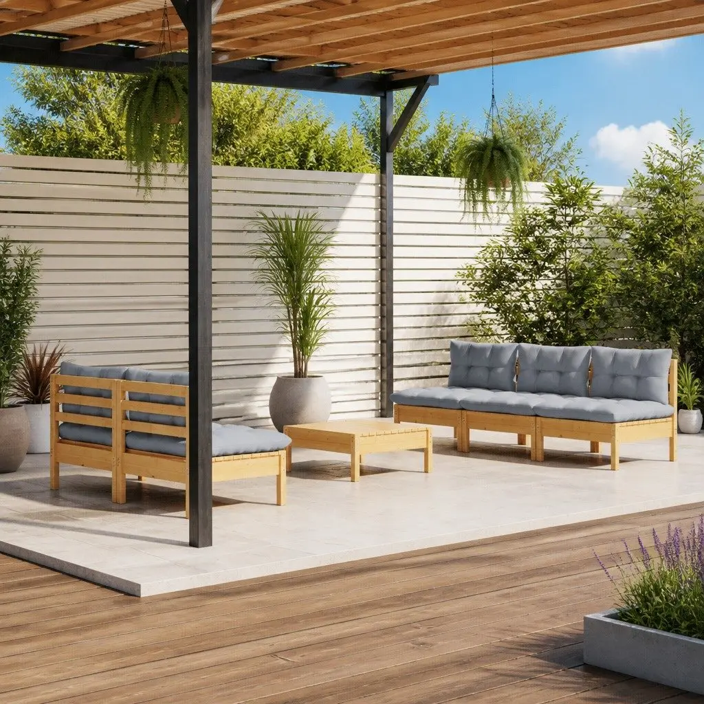 Garden Lounge Set Solid Pinewood 6 Piece Outdoor Patio Furniture Grey Cushions Modular