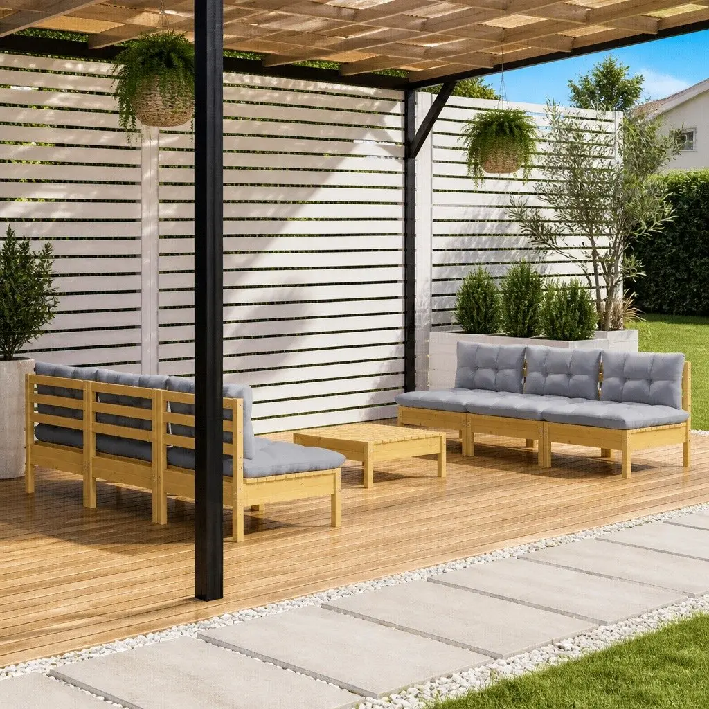 Garden Lounge Set Pinewood Modular 7 Piece Outdoor Patio Furniture Grey Cushions