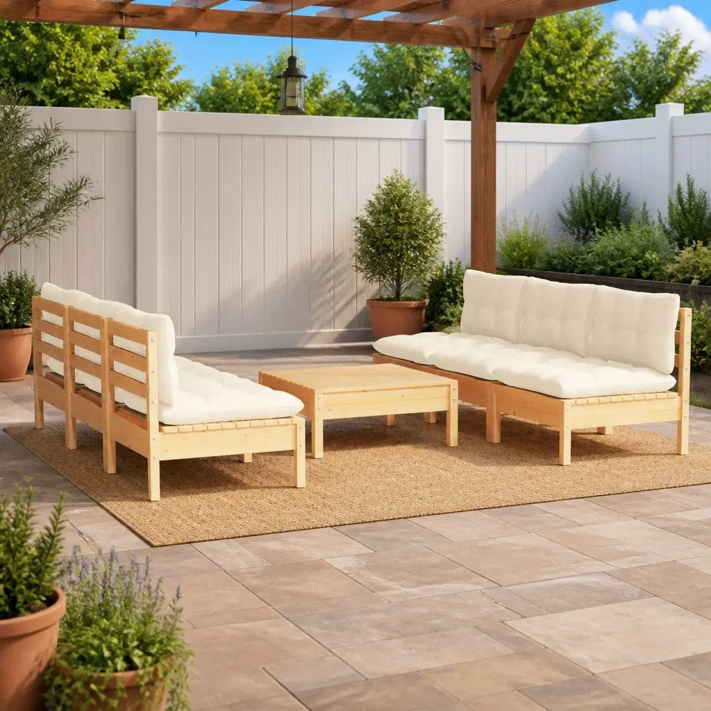 7 Piece Outdoor Furniture Set Solid Pinewood Garden Lounge with Cream Cushions
