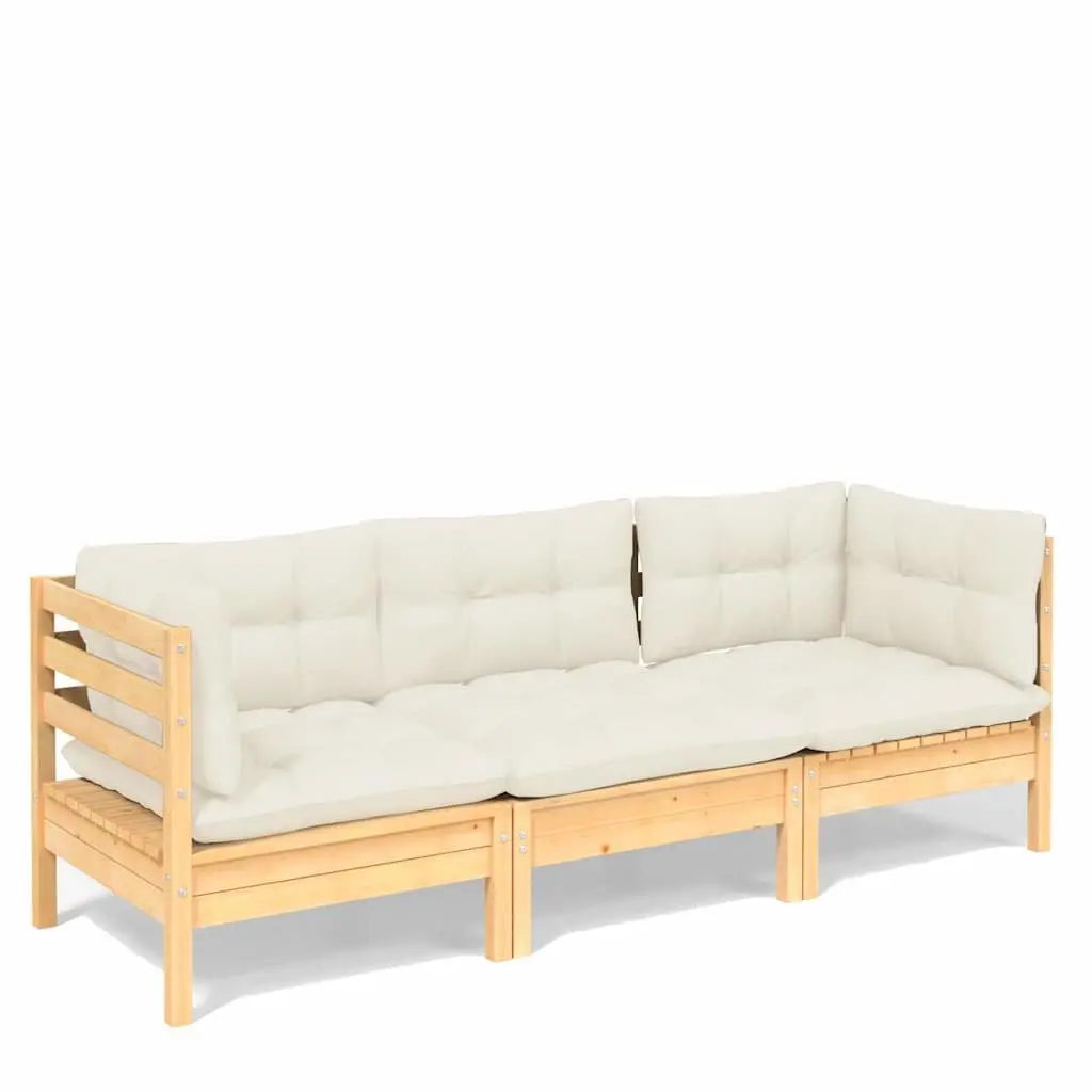3-Seater Garden Sofa Cream Cushions Outdoor Patio Furniture Modular Pinewood