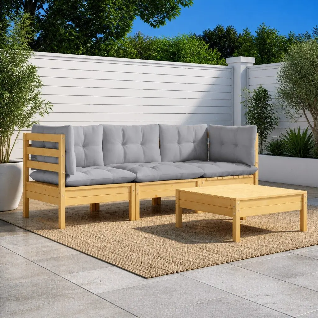 Garden Lounge Set Pinewood 4 Piece Outdoor Patio Furniture Grey Cushions Modular