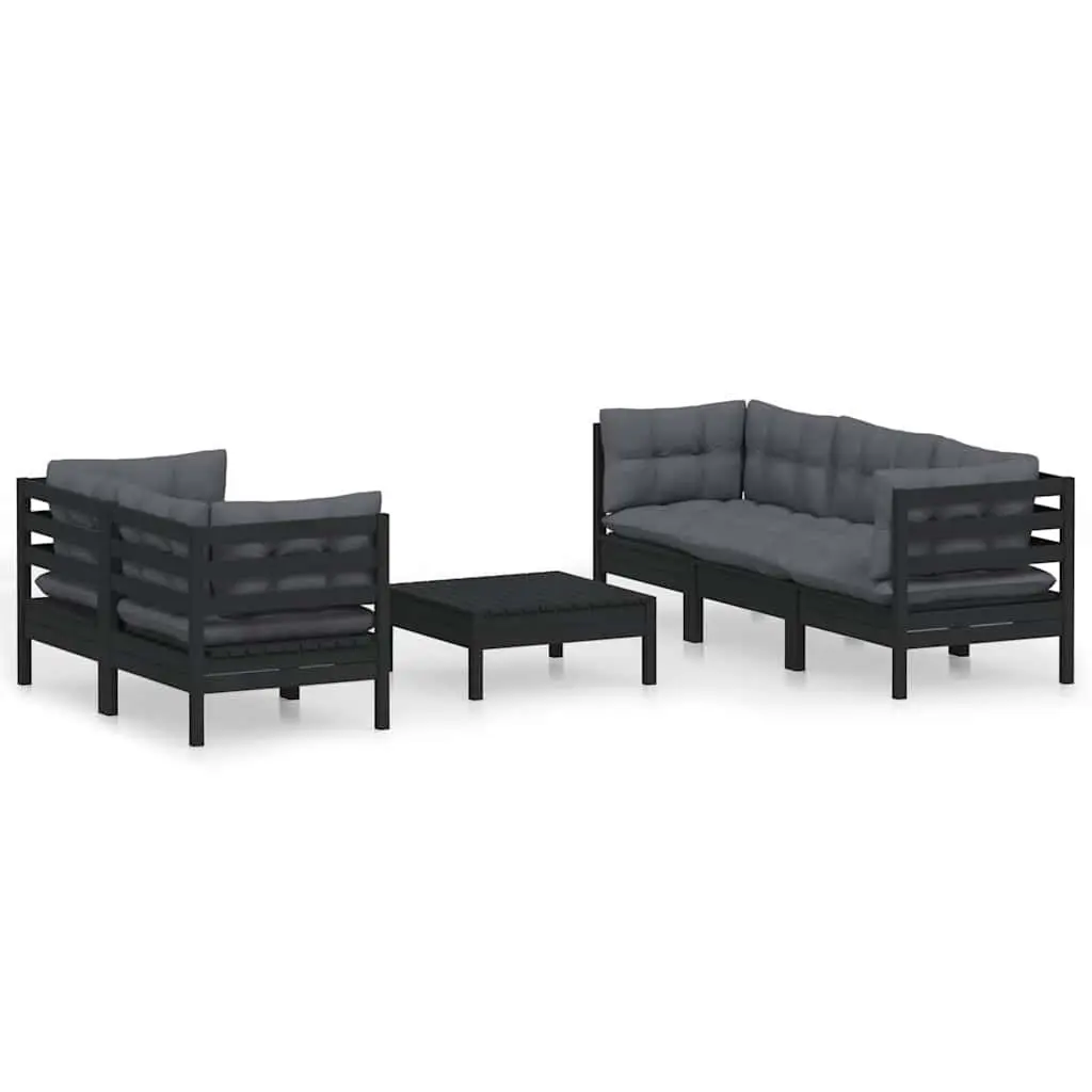 Outdoor Patio Furniture Set 6 Pieces Cushioned Pinewood Black Garden Lounge