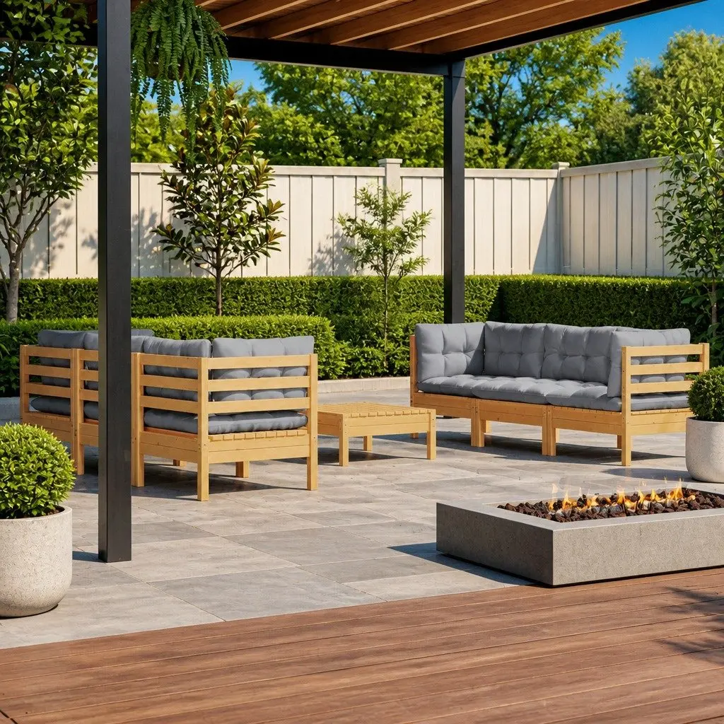 Garden Lounge Set Pinewood Modular 7 Piece Outdoor Furniture Sofa Grey Cushions