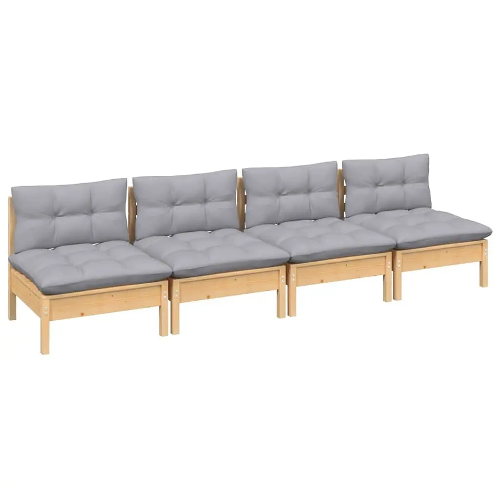 4-Seater Garden Sofa Modular Pinewood Grey Cushions Outdoor Patio Furniture