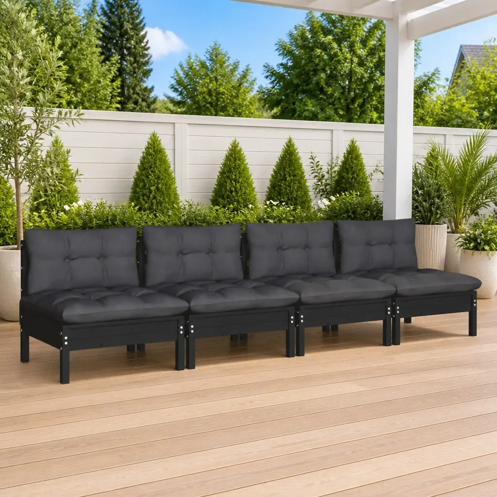 4SeaterOutdoorSofaBlackSolidPinewoodGardenLoungeSeatingwithCushionsModularDesign