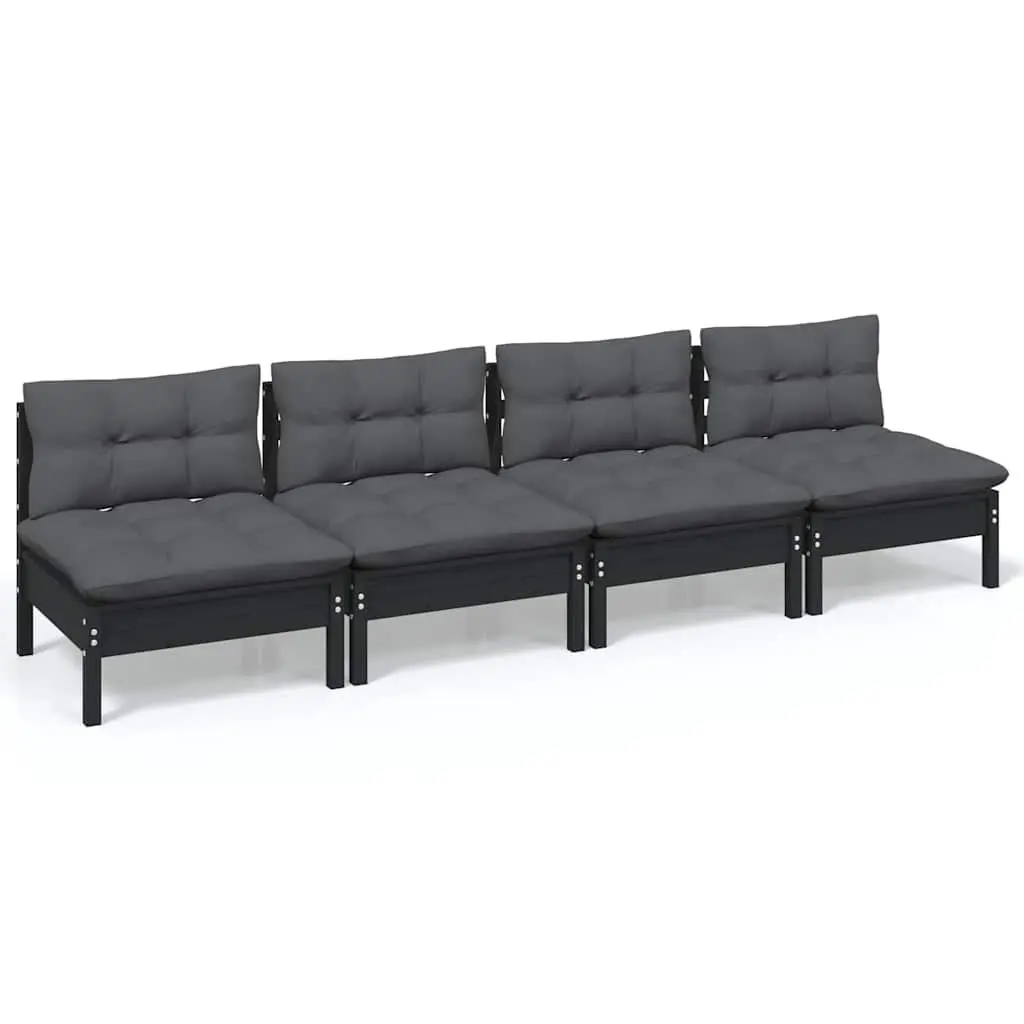 4SeaterOutdoorSofaBlackSolidPinewoodGardenLoungeSeatingwithCushionsModularDesign