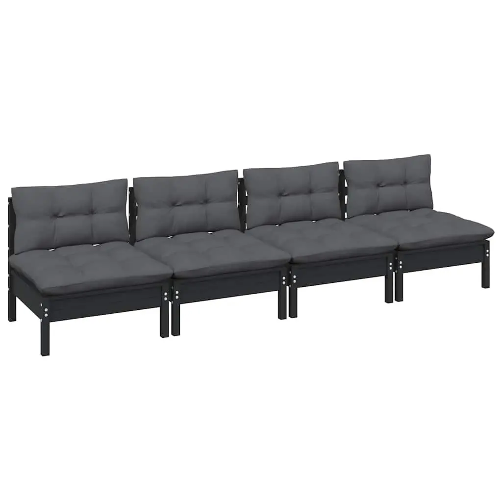 4SeaterOutdoorSofaBlackSolidPinewoodGardenLoungeSeatingwithCushionsModularDesign
