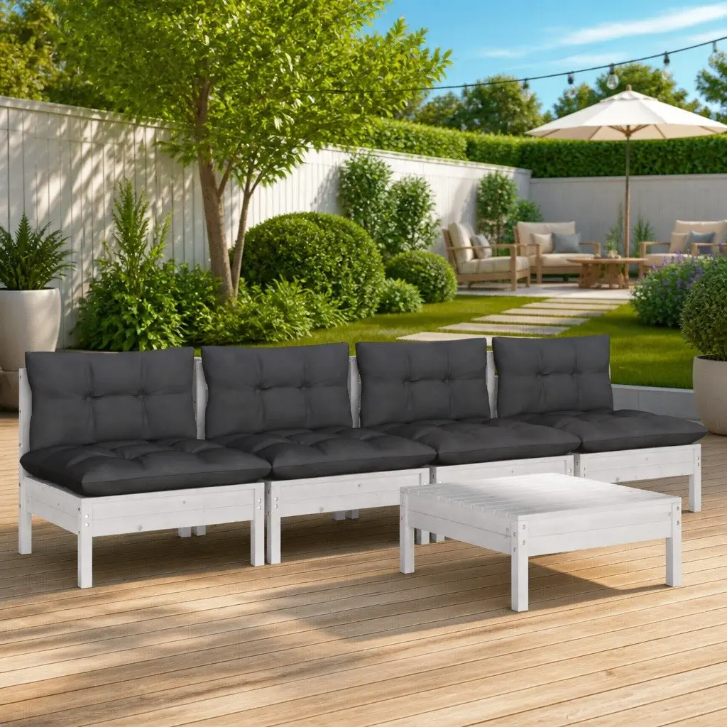 5 Piece Modular Garden Lounge Set Pinewood Outdoor Furniture with Cushions White