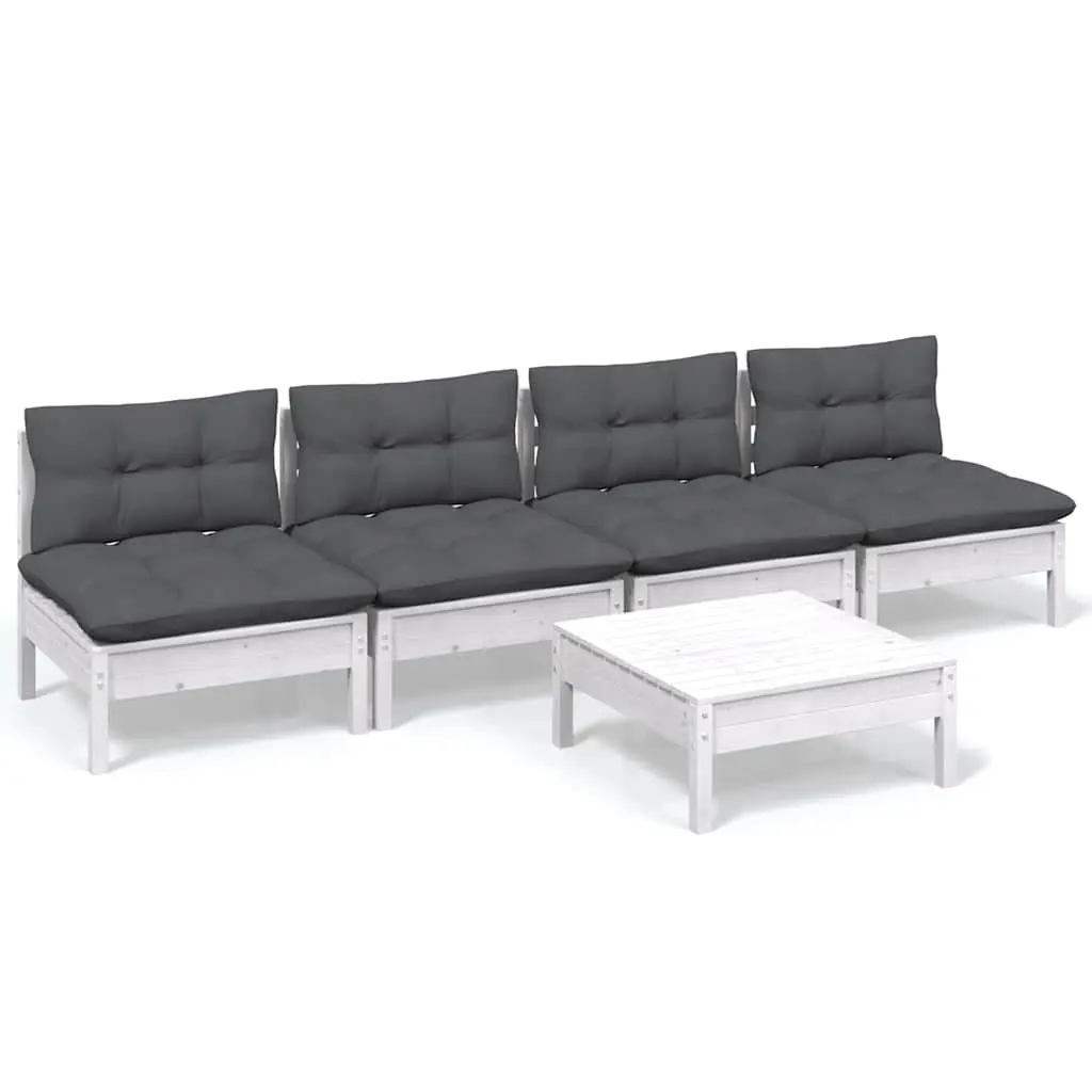 5 Piece Modular Garden Lounge Set Pinewood Outdoor Furniture with Cushions White