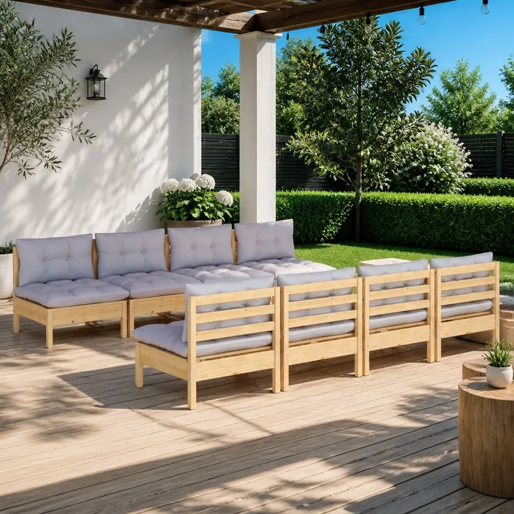 Garden Lounge Set Solid Pinewood 9 Piece Modular Outdoor Patio Furniture Grey Cushions