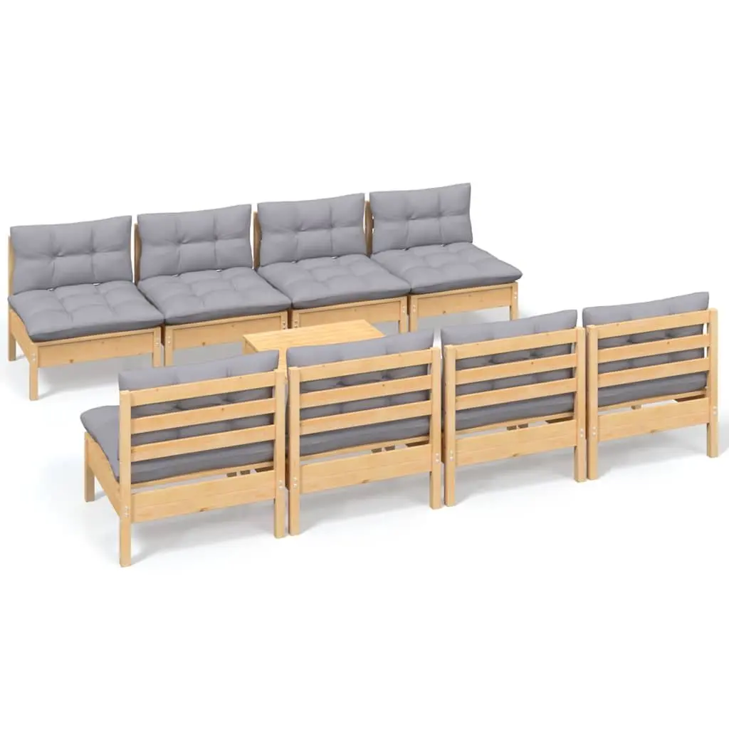 Garden Lounge Set Solid Pinewood 9 Piece Modular Outdoor Patio Furniture Grey Cushions