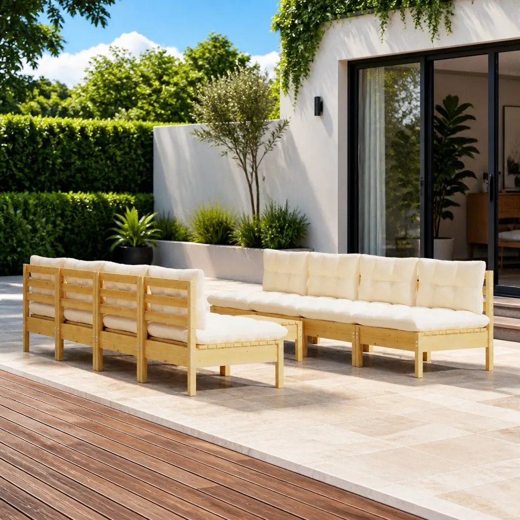Modular Garden Lounge Set 9 Piece Solid Pinewood Frame Cream Cushions Outdoor Furniture