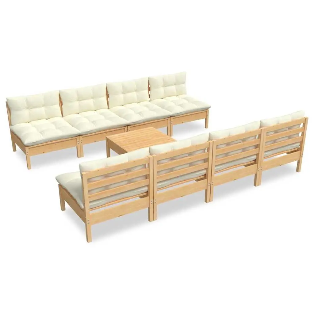 Modular Garden Lounge Set 9 Piece Solid Pinewood Frame Cream Cushions Outdoor Furniture
