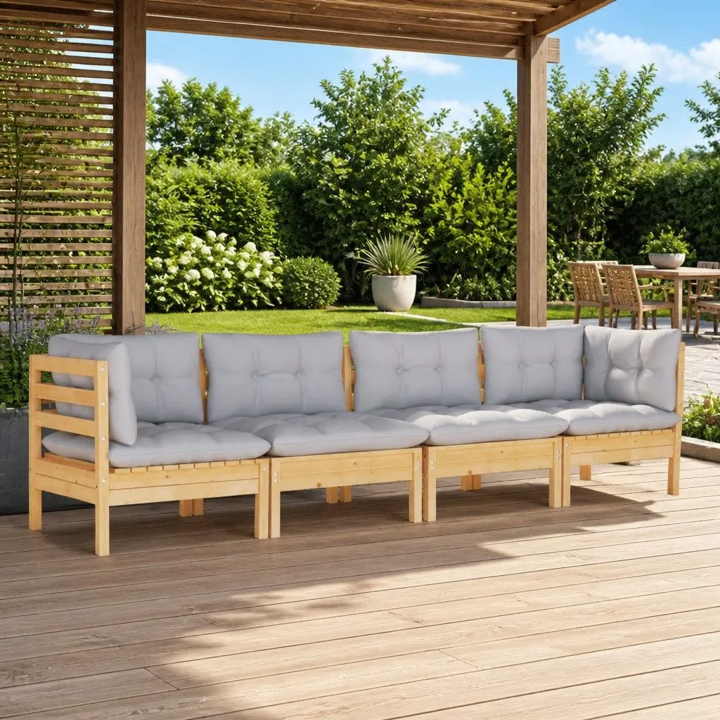 Modular Garden Furniture Set Pinewood Frame 4 Pieces with Grey Cushions Outdoor Patio Lounge