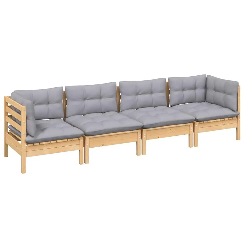 Modular Garden Furniture Set Pinewood Frame 4 Pieces with Grey Cushions Outdoor Patio Lounge