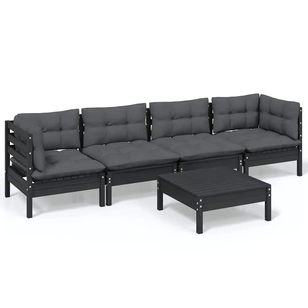 5 Piece Black Patio Garden Lounge Set Solid Pinewood with Cushions Outdoor Furniture