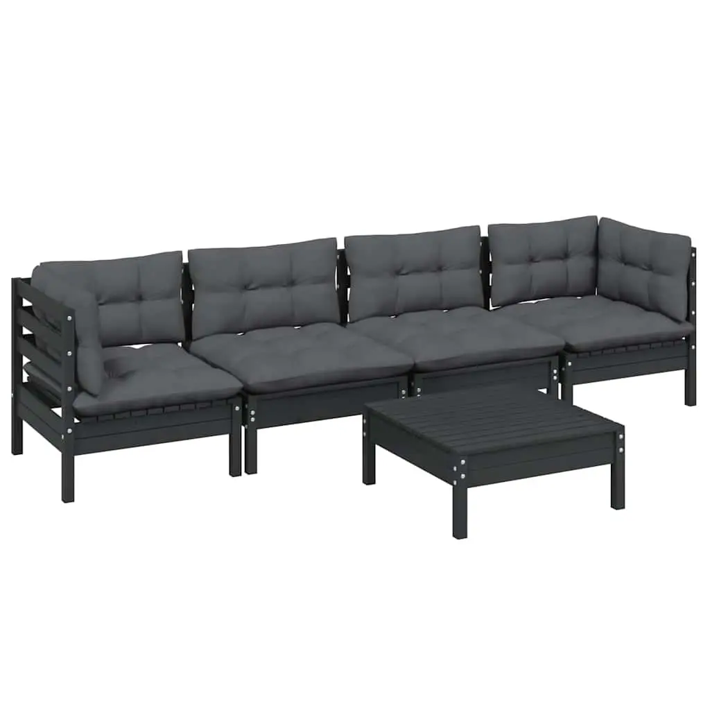5 Piece Black Patio Garden Lounge Set Solid Pinewood with Cushions Outdoor Furniture