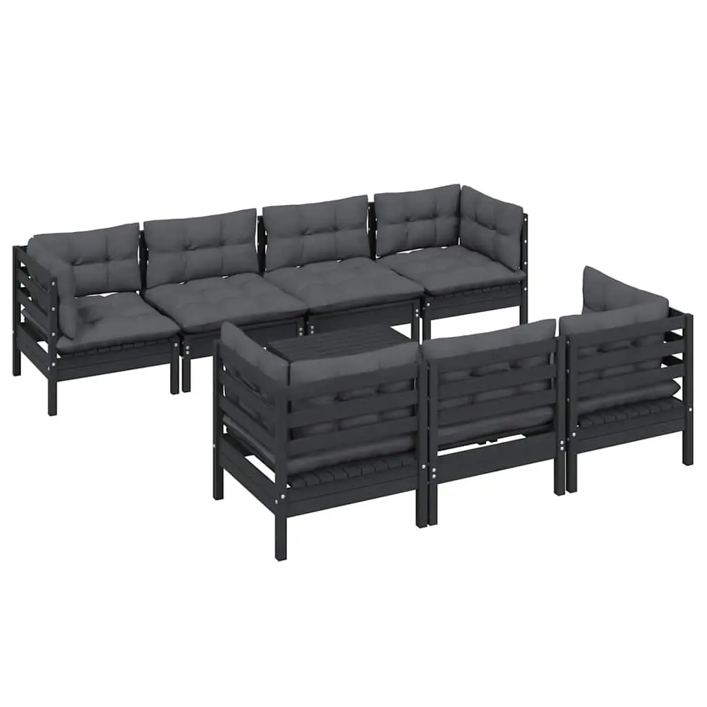 8 Piece Garden Lounge Set Outdoor Patio Furniture Cushioned Black Solid Pinewood