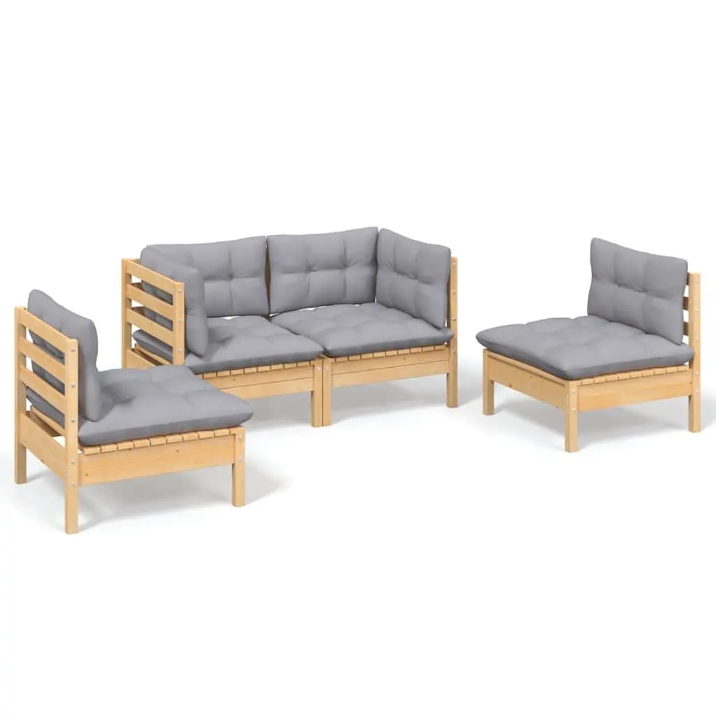 4 Piece Garden Lounge Set Grey Cushions Solid Pinewood Outdoor Patio Furniture