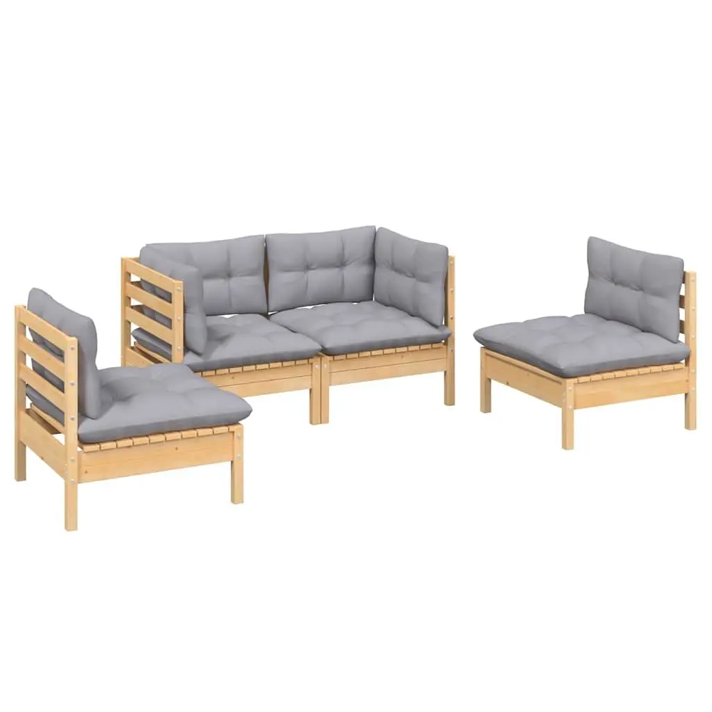 4 Piece Garden Lounge Set Grey Cushions Solid Pinewood Outdoor Patio Furniture
