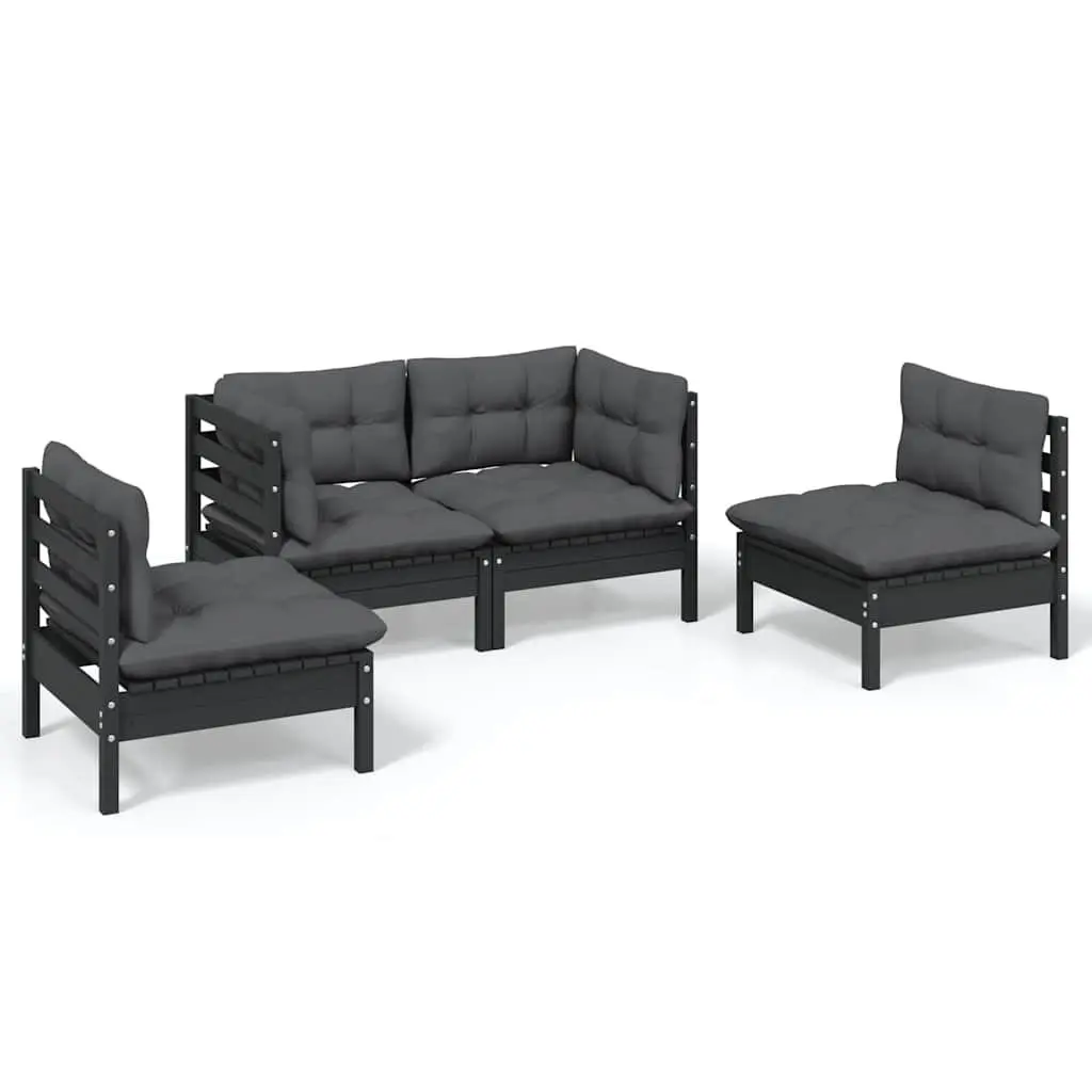 4 Piece Modular Garden Lounge Set Black Solid Pinewood Outdoor Furniture with Cushions