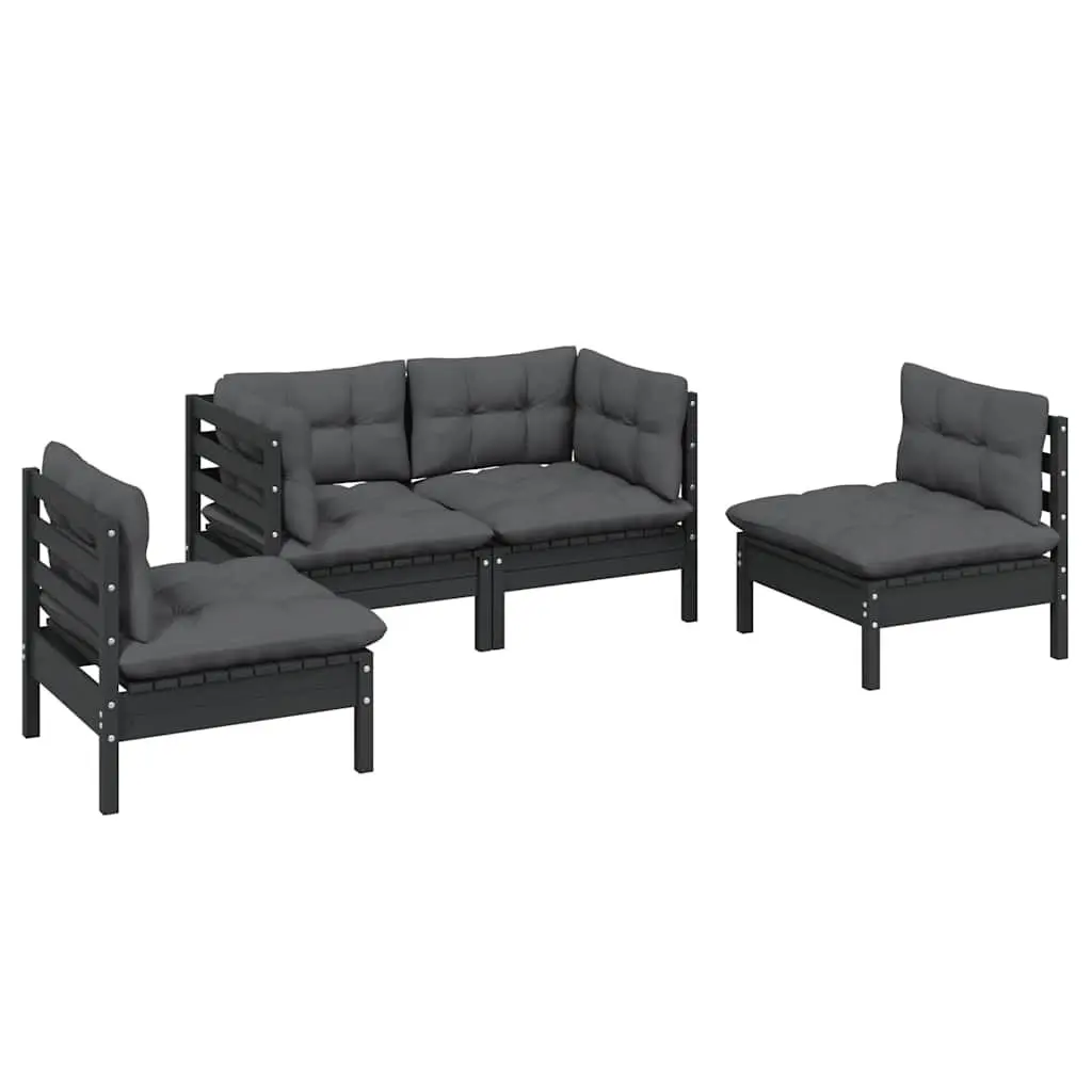 4 Piece Modular Garden Lounge Set Black Solid Pinewood Outdoor Furniture with Cushions