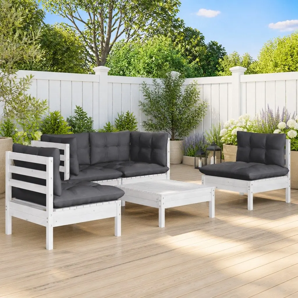 Garden Lounge Set Solid Pinewood 5 Piece Outdoor Furniture with Cushions White