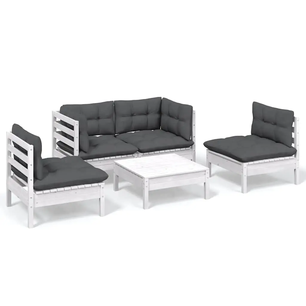 Garden Lounge Set Solid Pinewood 5 Piece Outdoor Furniture with Cushions White