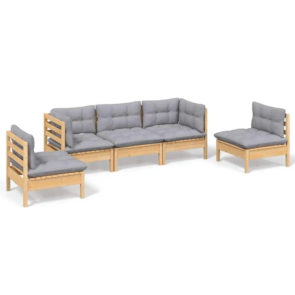 Modular Outdoor Patio Furniture 5 Piece Garden Lounge Set Solid Pinewood with Grey Cushions