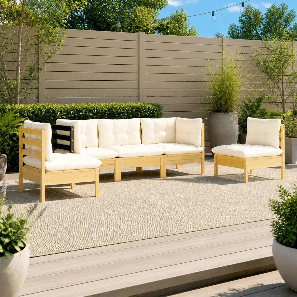 5 Piece Modular Outdoor Garden Lounge Set with Cream Cushions Solid Pinewood Construction